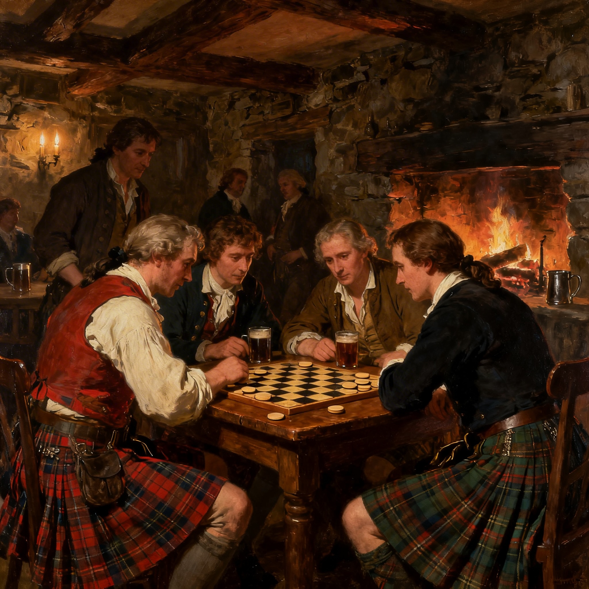 Two gentlemen of the 18th century playing draughts in an ornate hall, with onlookers in period costume