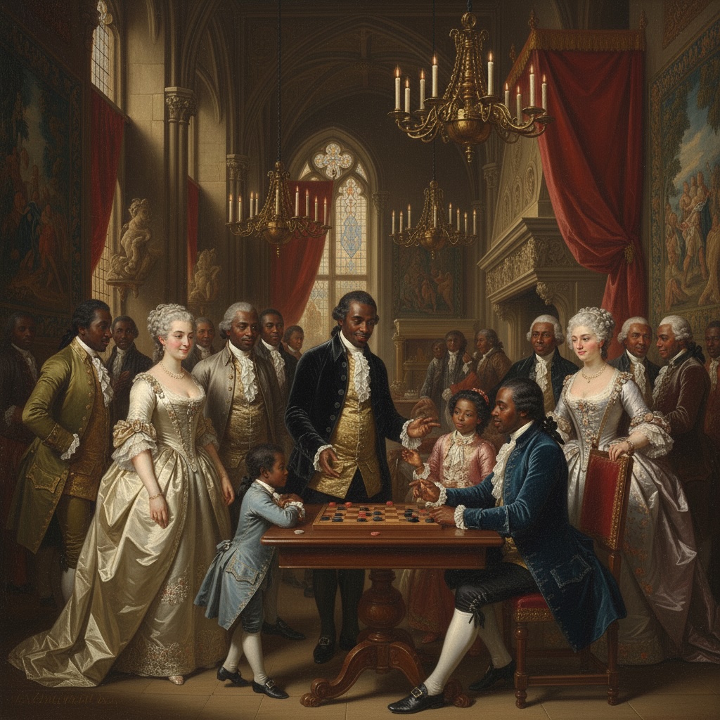 A colonial-era scene of scholars gathered around a classic draughts board