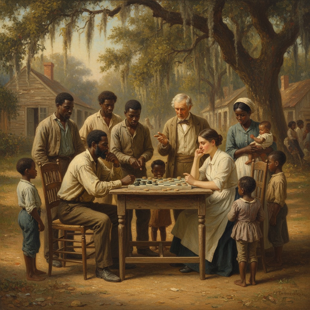 An authentic 18th-century draughts board setup with black and white pieces in candlelight
